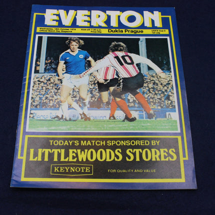 Soccer match program UEFA Cup Everton versus Dukla Prague 1978 with players and text on a dark background