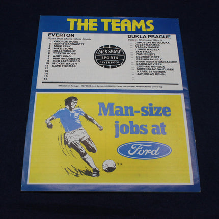Vintage sports team list Everton versus Dukla Prague with Ford advertisement on a dark background