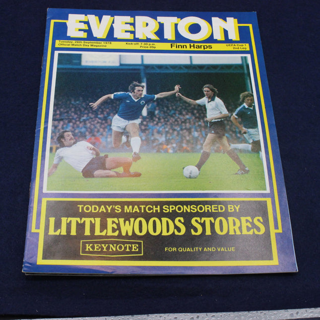 Soccer match EEFA Cup Finn Harps versus Everton 1978 program with players on the cover, sponsored by Littlewoods Stores.