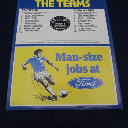 Soccer team lineup card Everton versus Finn Harps with player names and Ford advertisement on a dark background