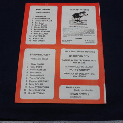 Back of a sports match day programme with player names and match details.
