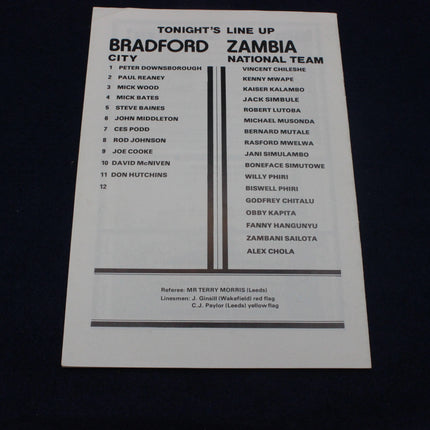 Soccer match lineup card for Bradford City vs Zambia National Team on a black background