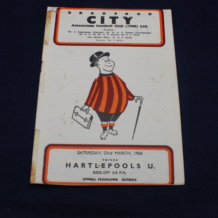 Vintage football program for Bradford City AFC match against Hartlepool United, 1968.