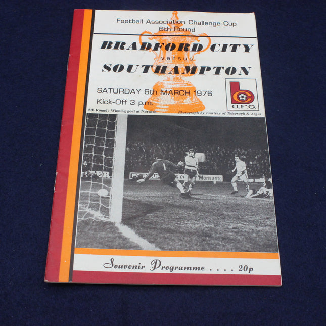 Football programme for Bradford City vs Southampton match on a dark blue background