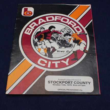 Vintage football match programme for Bradford City vs Stockport County with graphic design and text.