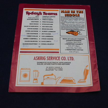 Vintage sports team sheet with advertisements on a dark background