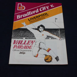 Football match programme for Bradford City vs Liverpool 1980 at Valley Parade, featuring a player illustration.