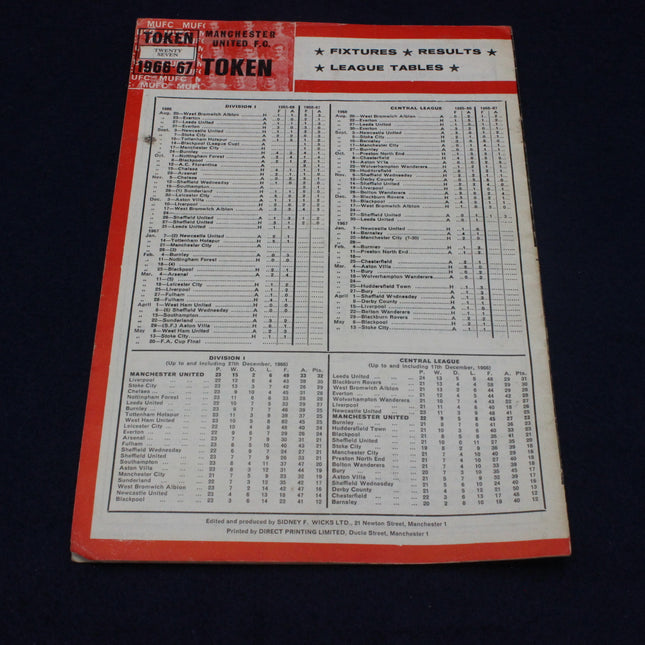 Vintage sports league table book with red and white cover on a black background