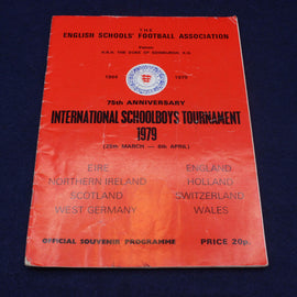 Red programme cover for the 75th Anniversary International Schoolboys Tournament 1979 on a dark blue background
