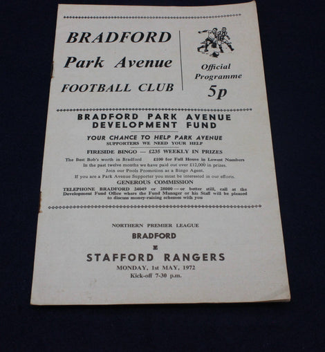 Football club programme for Bradford Park Avenue FC match against Stafford Rangers on 1st May 1972.
