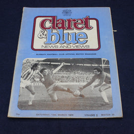 Burnley Football Club official match magazine 'Claret & Blue News and Views' from 1976 on a dark background