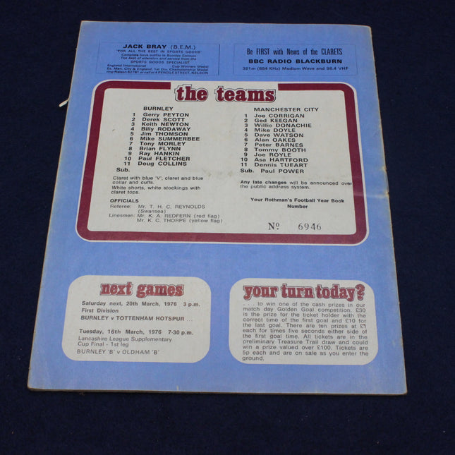 Back cover of a sports program with team lists and game information on a blue background