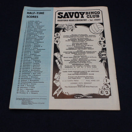 Savoy Bingo Club flyer with half-time scores on a black background