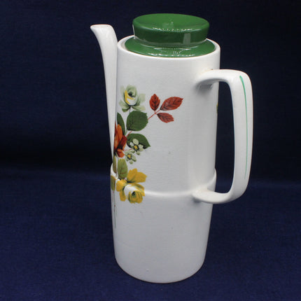 Vintage Tall White Tea Pot with Green Lid and Floral Design