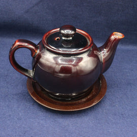 Vintage Dark‑Brown Ceramic Teapot with Saucer – Gloss Glaze