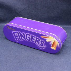 Purple tin box with 'Cadbury Fingers' branding on a dark blue background