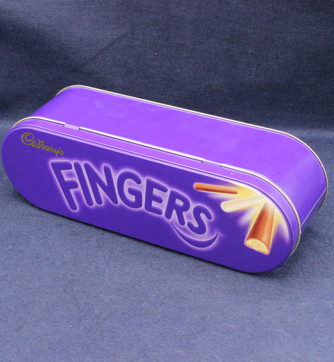 Purple tin box with 'Cadbury Fingers' branding on a dark blue background