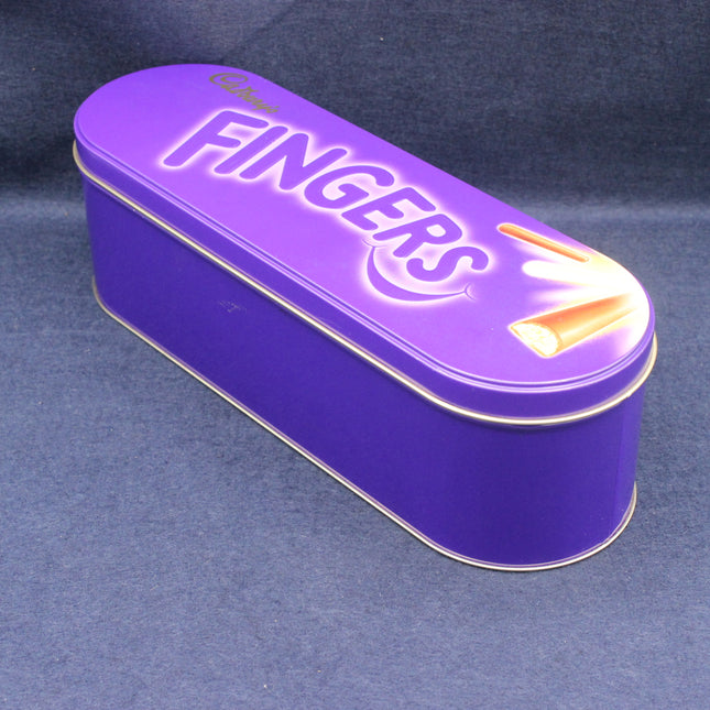 Purple tin container with 'Fingers' branding on a dark blue background