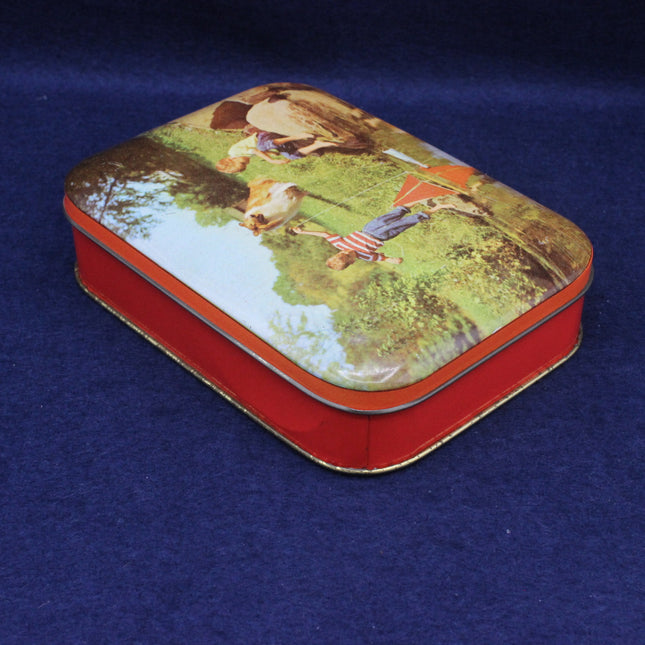 Rectangular tin box with a printed design on a blue background
