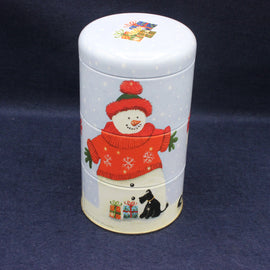 Decorative cylindrical container with a snowman design on a dark blue background