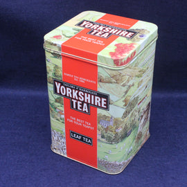 Yorkshire Tea tin with scenic design on a blue background