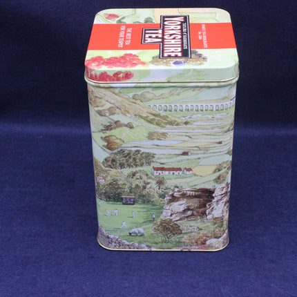 Tea tin with a scenic design on a blue background