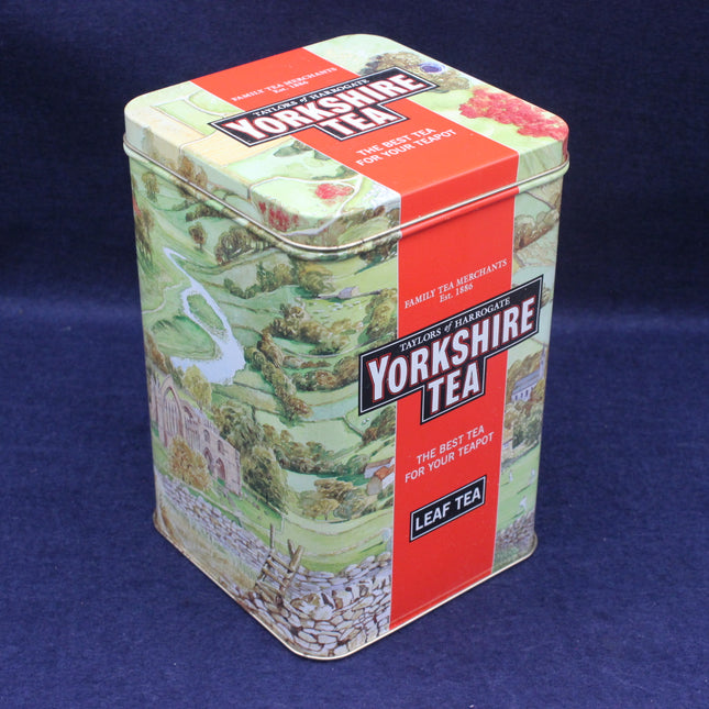 Yorkshire Tea tin box with scenic design on a blue background