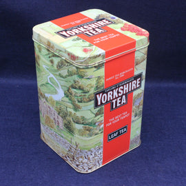 Yorkshire Tea tin box with scenic design on a blue background