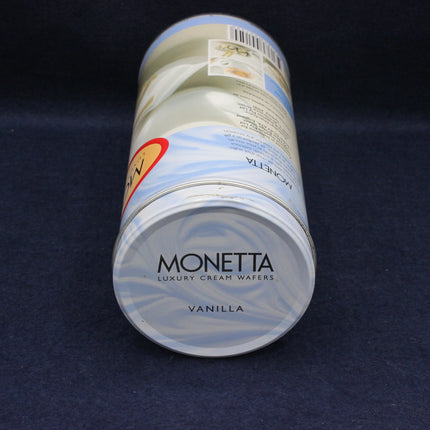 Monetta Luxury Cream Wafers vanilla canister on a dark background