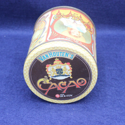 Van Houten's cocoa tin on a blue background