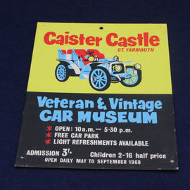 Advertisement for Caister Castle Veteran & Vintage Car Museum with vintage car illustration on a dark background