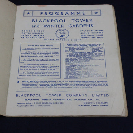 Vintage program for Blackpool Tower and Winter Gardens with blue text on a white background.
