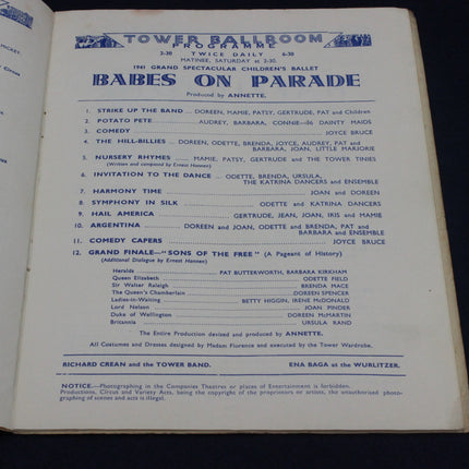 Tower Ballroom programme for 'Babes on Parade' with list of acts and performers.