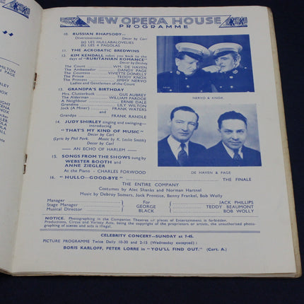 Page from a vintage program book with text and images of people, likely from a theater or opera house event.