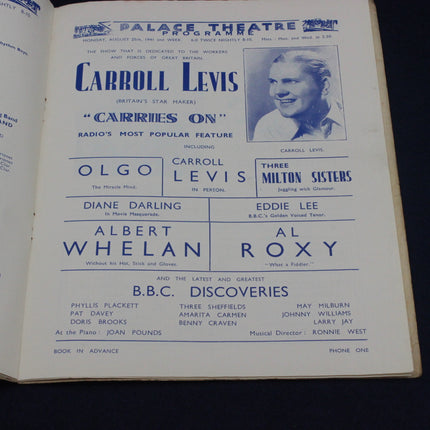 Palace Theatre program with text and a portrait of a woman on a black background