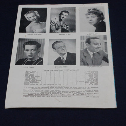 Vintage sheet with black and white portraits and names of staff members from London's Festival Ballet.
