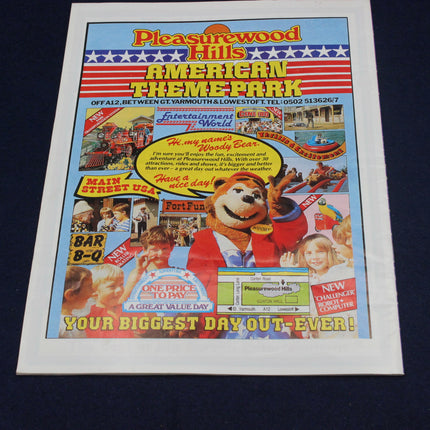 Advertisement for Pleasurewood Hills American Theme Park featuring cartoon bear and children.