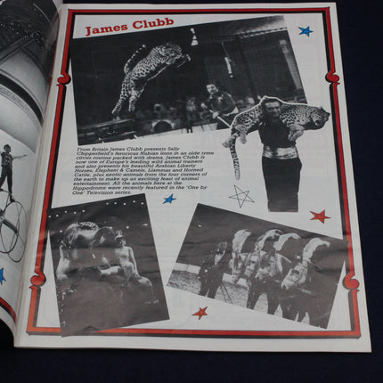 Vintage promotional material for James Clubb featuring images of a man with a leopard and text.