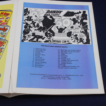 Comic book page with 'Dandy' character illustrations and text on a blue background