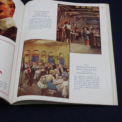 Open book with illustrations and text of a restaurant interior
