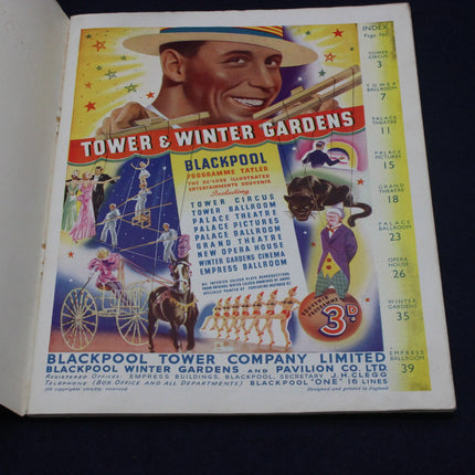 Vintage advertisement for Tower & Winter Gardens Blackpool with colorful graphics and text.