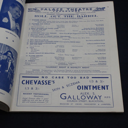 Vintage theater program with text and images of actors, featuring an advertisement for Chevasse's ointment.
