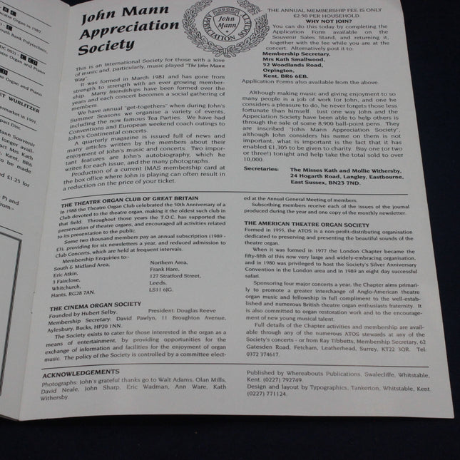 Open book with text on John Mann Appreciation Society and other societies.