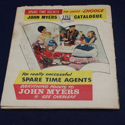 Vintage catalog cover for John Myers with colorful text and illustrations on a dark background