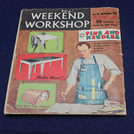 Vintage 'Weekend Workshop' magazine cover with a man in an apron and various craft project illustrations.