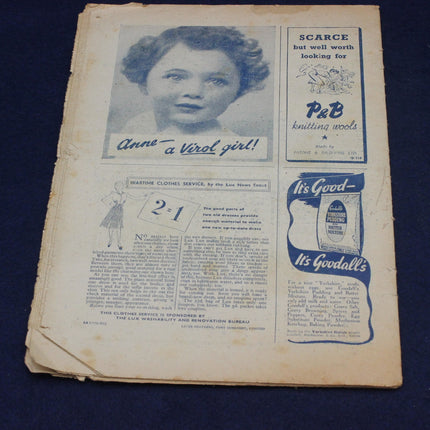 Vintage newspaper page with advertisements and a portrait of a woman on a blue background