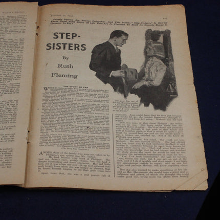 Open book with a story titled 'Step-Sisters' by Ruth Fleming, featuring an illustration of two people.