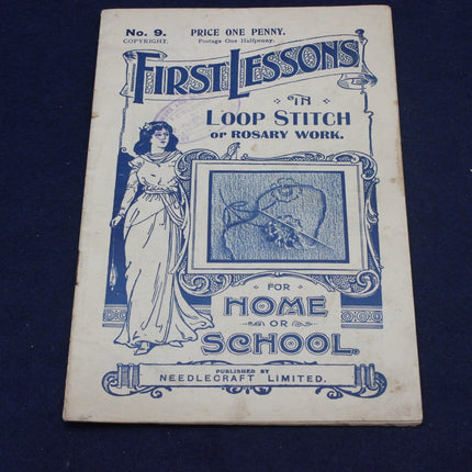 Vintage book cover titled 'First Lessons in Loop Stitch or Rosary Work' on a dark blue background.