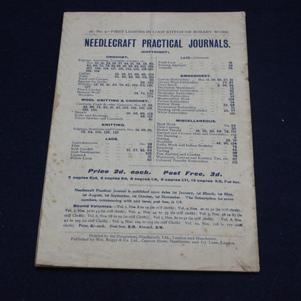 Back cover of a vintage needlework book with text and pricing details.