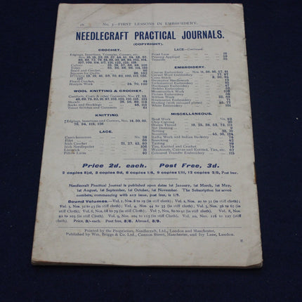 Vintage needlecraft practical journals with text on a dark background